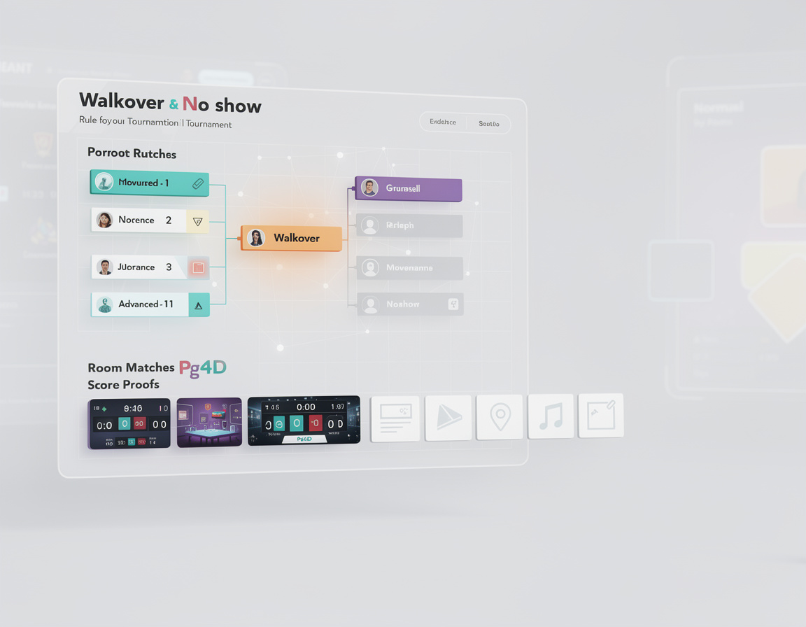 Ilustrasi aturan walkover dan no show untuk event game online pg4d dengan bracket, room match, dan bukti skor